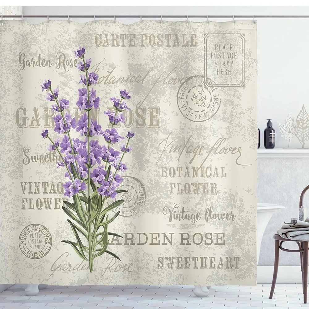Vintage Lavender Botanical Shower Curtain with Purple Floral Design